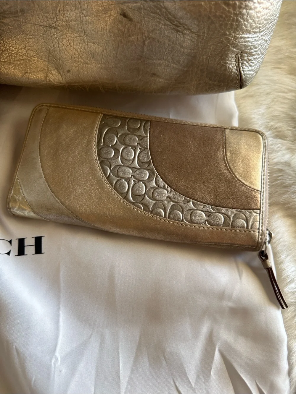 Coach Set Metallic Gold Leather Tote with Zip Wallet, Scarf & 2 cosmetic bags